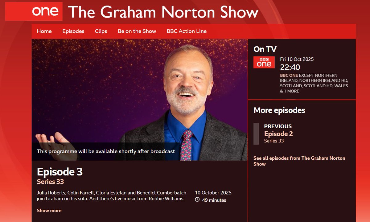 Benedict Cumberbatch will appear on The Graham Norton Show with Julia Roberts, Colin Farrell and Gloria Estefan on October 10!

bbc.co.uk/programmes/m00…
