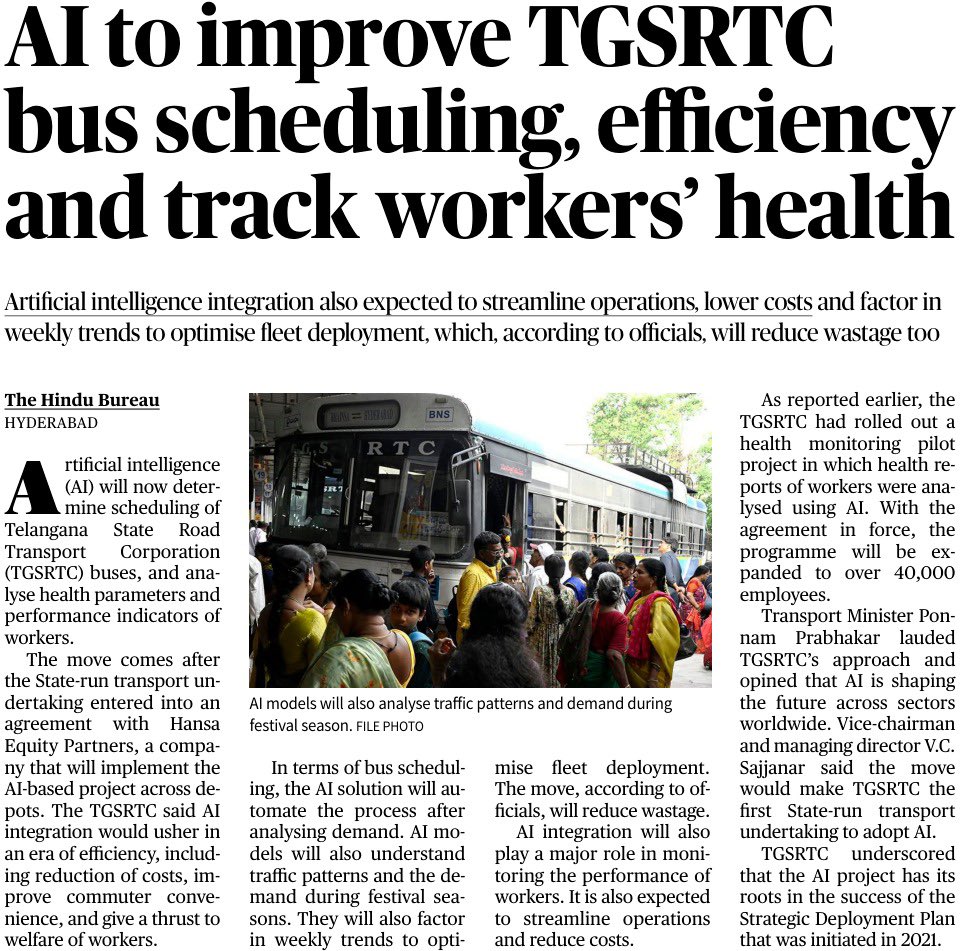 Telangana leads the way in modern public transport !!!

TGSRTC becomes the 1st public transport body in India to integrate AI in operations – improving efficiency, reducing costs &amp; enhancing commuter services.

From employee health monitoring to AI-driven bus scheduling, we are