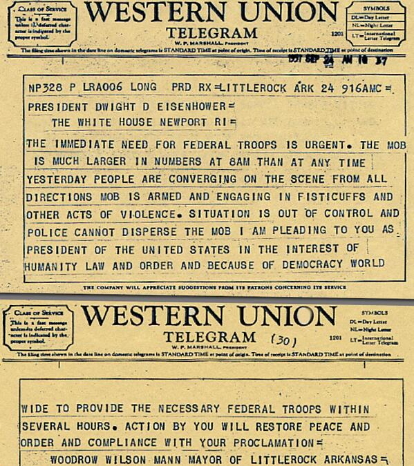 TammiMinoski's tweet photo. #OTD 1957: Woodrow Wilson Mann, Mayor of Little Rock, sent a telegraph to President Eisenhower and asked for federal troops to assist with the violence and the integration of #CentralHigh School. https://t.co/9if6LzZd1K…… #LittleRockNine https://t.co/uMFjF519Hc