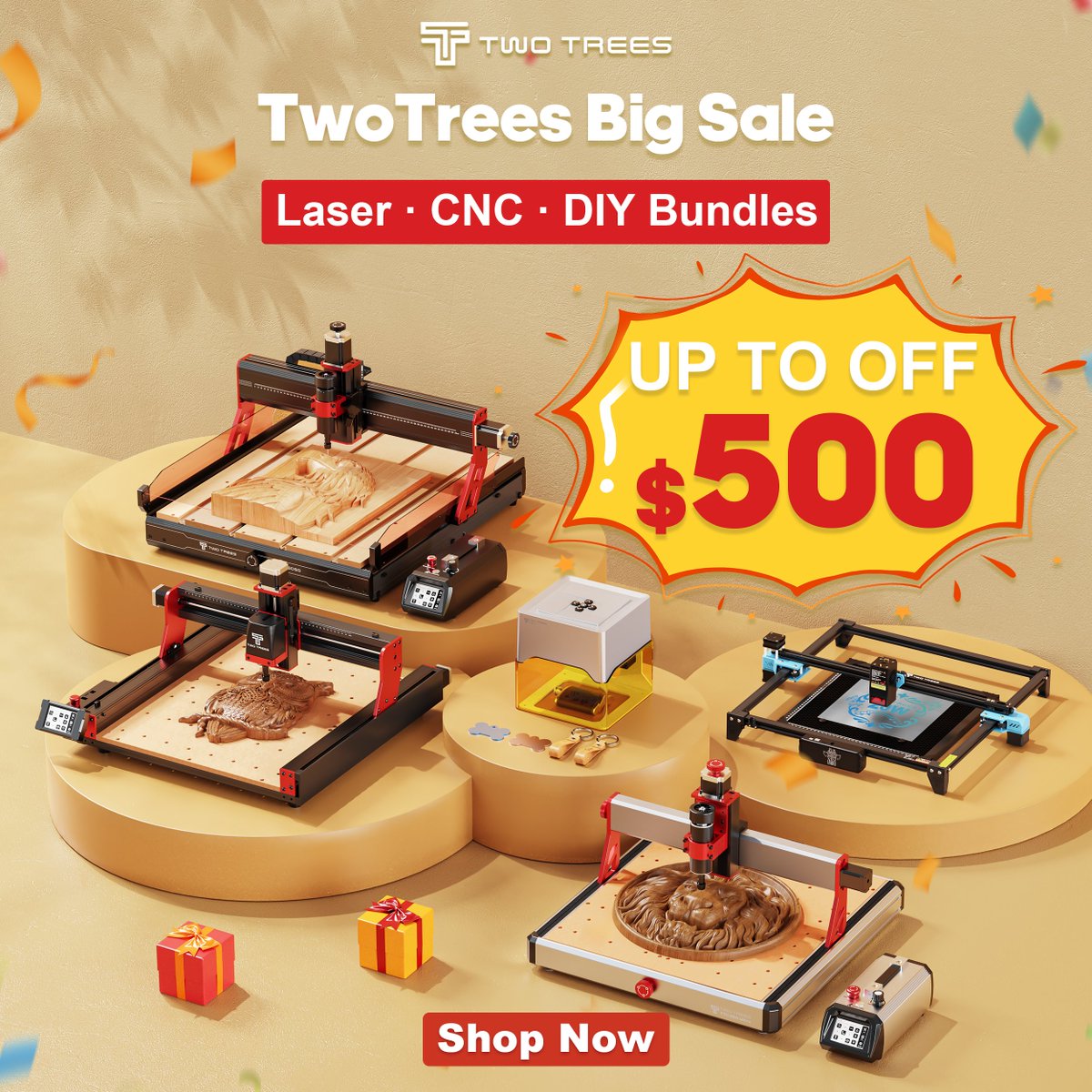 TwoTrees3d_'s tweet image. Hey guys! 👋
The Autumn Maker Sale from Two Trees is almost ending!
🚨 September 25th is the LAST DAY to grab amazing deals—save up to $500 off on CNC routers, laser engravers, and more.
Don’t miss out—jump on board now! 🛒
#TwoTrees #AutumnSale #LastDay #CNCRouter #LaserEngraver