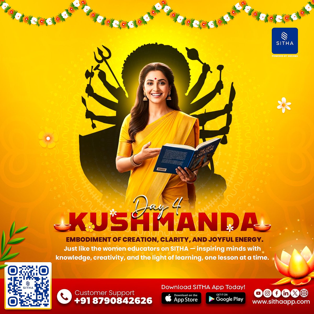 On Day 4 of Navratri, we celebrate Goddess Kushmanda — the embodiment of creation, clarity, and joyful energy. 

Just like her, women educators on SITHA light the path of knowledge, creativity, and growth every single day. 

#SITHAIndia #navratri #day4 #teachers #tutors