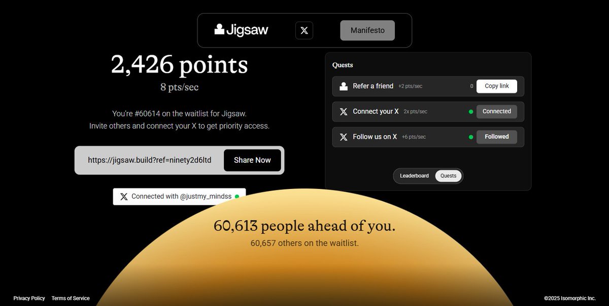 กว่าจะเชื่อมได้รีเฟรชจนท้อ 😂

ล็อคอินเมล + เชื่อม X + ฟอลโล่ <a href="/usejigsaw/">Jigsaw</a> + เชิญเพื่อน

ใครยังไม่ทำ ไปจัฟ jigsaw.build/?ref=ninety2d6…