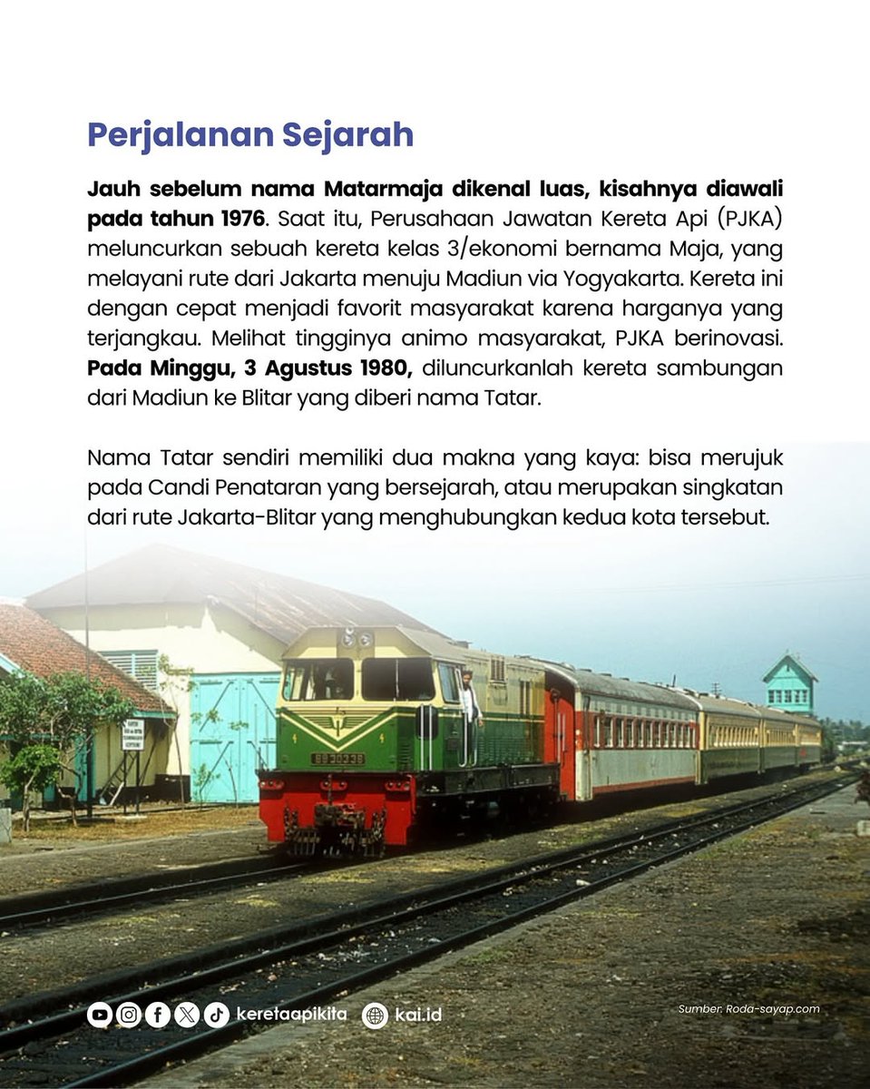 keretaapikita's tweet photo. Mulai 28 September 2025 KA Matarmaja Hadir dengan Wajah Baru

#Railfriends, di rel panjang sejarah, Matarmaja lahir dari kisah Maja tahun 1976, lalu berpadu dengan Tatar di 1980, hingga akhirnya bernama Matarmaja di 1983 mengikat Malang, Blitar, Madiun, dan Jakarta dalam satu perjalanan. Matarmaja sang legenda yang menyimpan jejak jutaan langkah.