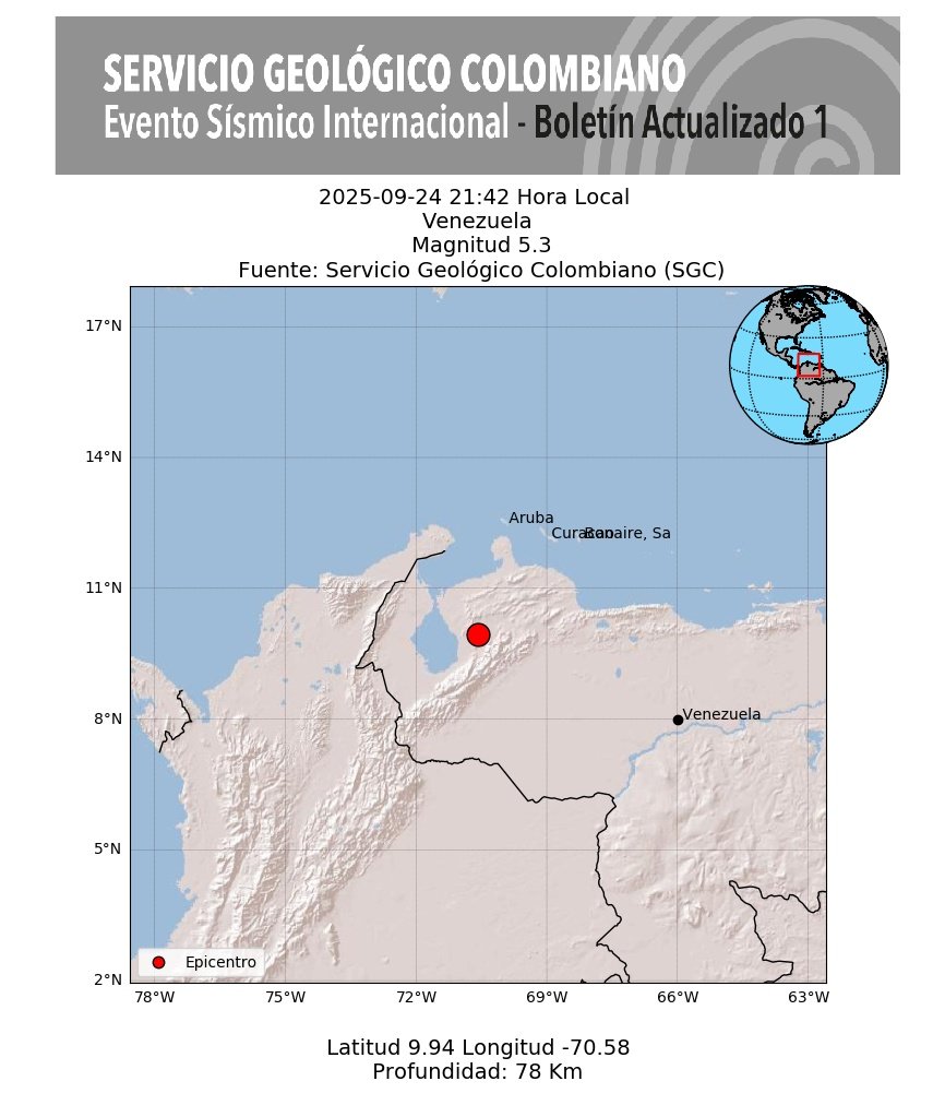 #SismosColombiaSGC Evento Sísmico Internacional - Boletín Actualizado 1, 2025-09-24 21:42 Hora Local. Magnitud 5.3, Profundidad 78 km,   Venezuela #NoticiaEnDesarrollo #Temblor #Sismo Más información: sgc.gov.co/sismos