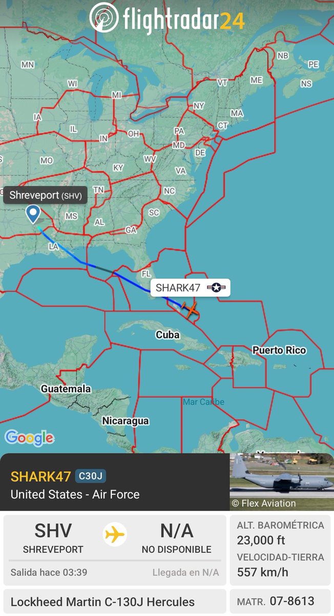 Arrest_Maduro's tweet photo. 🇺🇲U.S. Air Force C-130J Hercules, reg. 07-8613, hex #AE293A, código de llamada SHARK47, procedente de Shreveport, Louisiana, con rumbo sureste. Tiene buen registro ayer y hoy, así que es posible que vaya a Puerto Rico🇵🇷. https://t.co/lL15ElgvrY