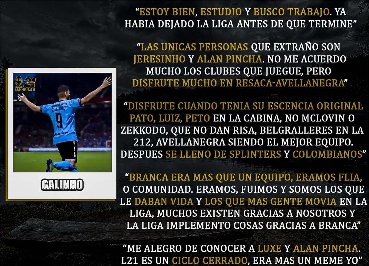 🎙️ - Galinho

Tras creer que estaba muerto, uno de los emblemas de la liga en su día, fundador de Branca y polémico jugador de varios clubes. Revivió, Galinho paso por las oficinas de Radio Liga 21. #PostLiga21. 

Habló con sinceridad y sin miedo como siempre..