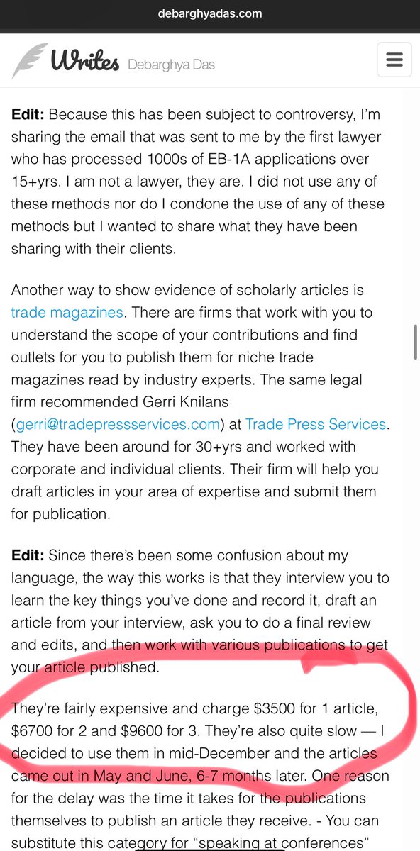 DueDoctor's tweet image. CNN brings on a guy who LITERALLY posted a guide on how to scam the EB-1 Visa by paying for articles to be published under your name 

It’s since been edited but still alludes to it 

Maybe something to check out @StephenM ?

 debarghyadas.com/writes/eb1-ult…