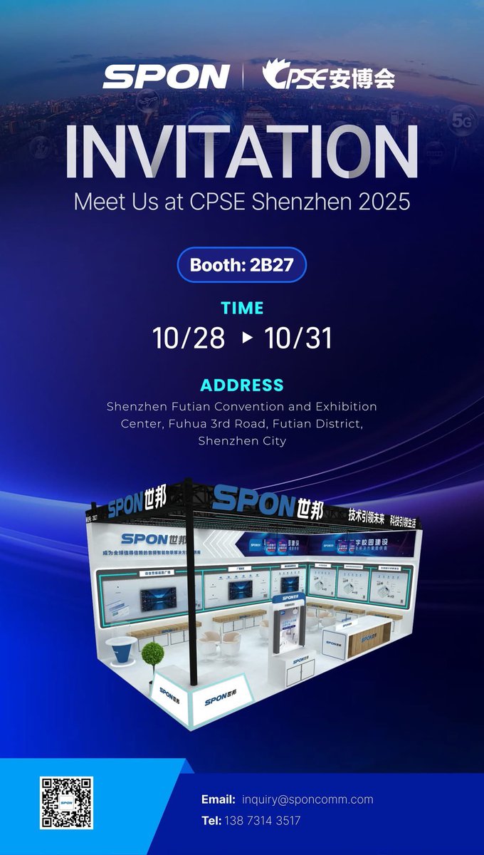 #SPON will be at  𝗖𝗣𝗦𝗘 𝟮𝟬𝟮𝟱 – The 20th China Public Security Expo!

📅 Date: October 28–31, 2025
📍 Venue: Shenzhen Convention &amp; Exhibition Center (Futian)
📌 Booth: 𝟮𝗕𝟮𝟳

We sincerely invite you to visit our booth and explore in #
👉 Meet us in Shenzhen!

#CPSE2025