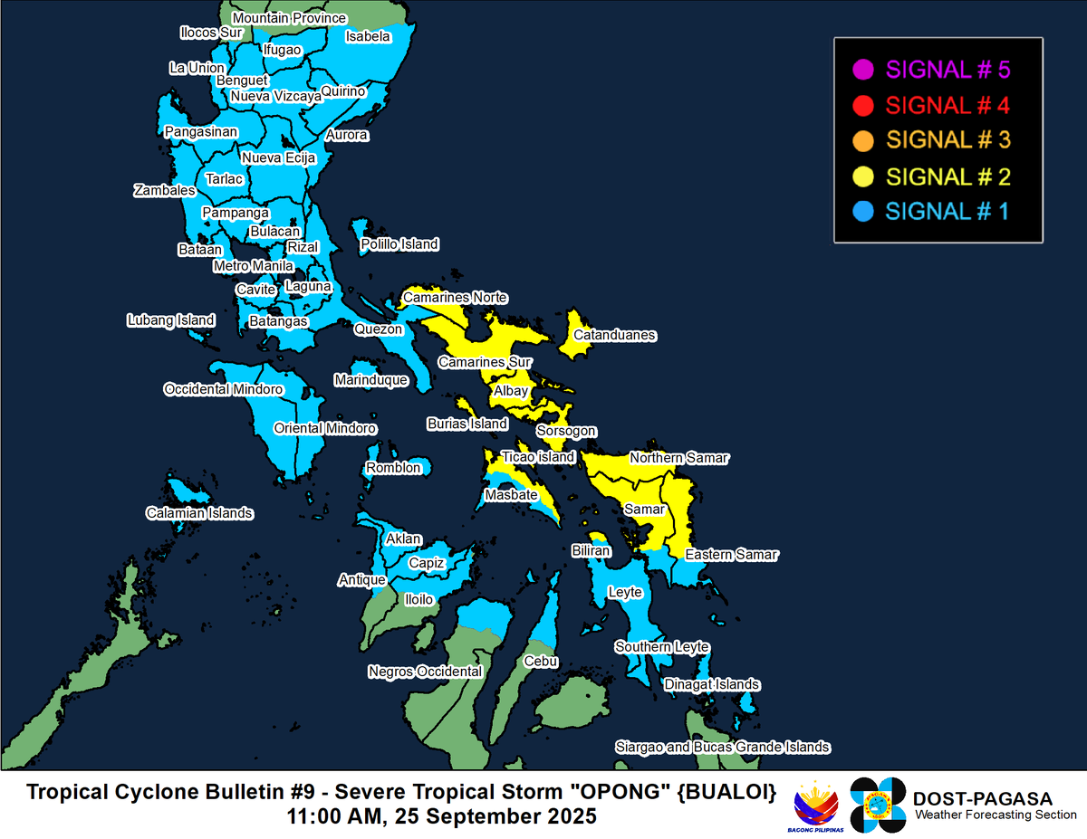 dost_pagasa's tweet photo. TROPICAL CYCLONE BULLETIN NR. 9
Severe Tropical Storm #OpongPH (BUALOI)
Issued at 11:00 AM, 25 September 2025
Valid for broadcast until the next bulletin at 2:00 PM today.

OPONG MAINTAINS ITS STRENGTH OVER THE PHILIPPINE SEA EAST OF EASTERN VISAYAS.