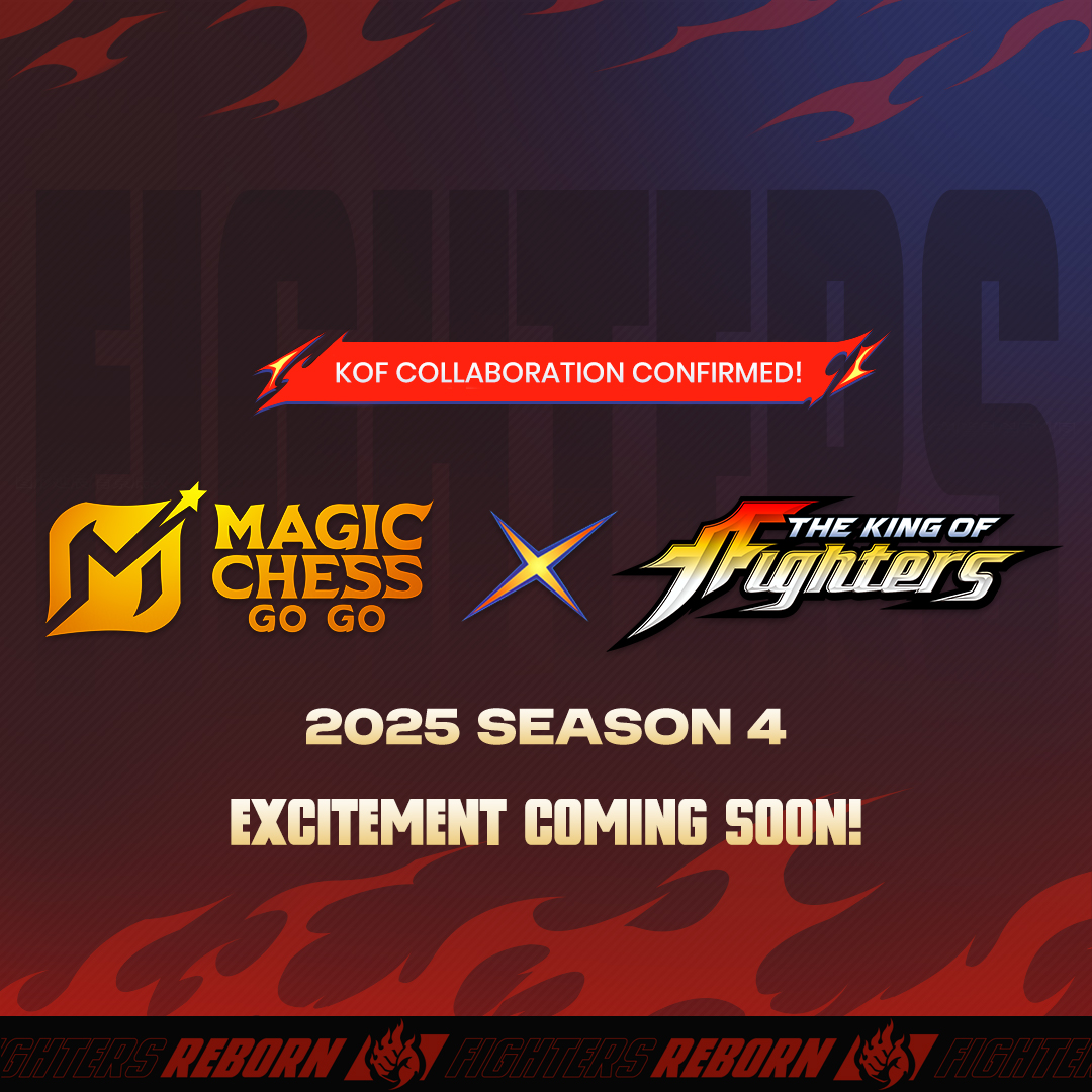 MagicChessGoGo's tweet image. MCGG × KOF Collaboration Confirmed!
Multiple classic characters from the King of Fighters series will join MCGG, forming new Synergies.
Familiar characters, refreshed battle experience.
Stay tuned for Season 4 in 2025—don't miss the excitement!
#MagicChessGoGo
#MCGG
#GoChessGo
