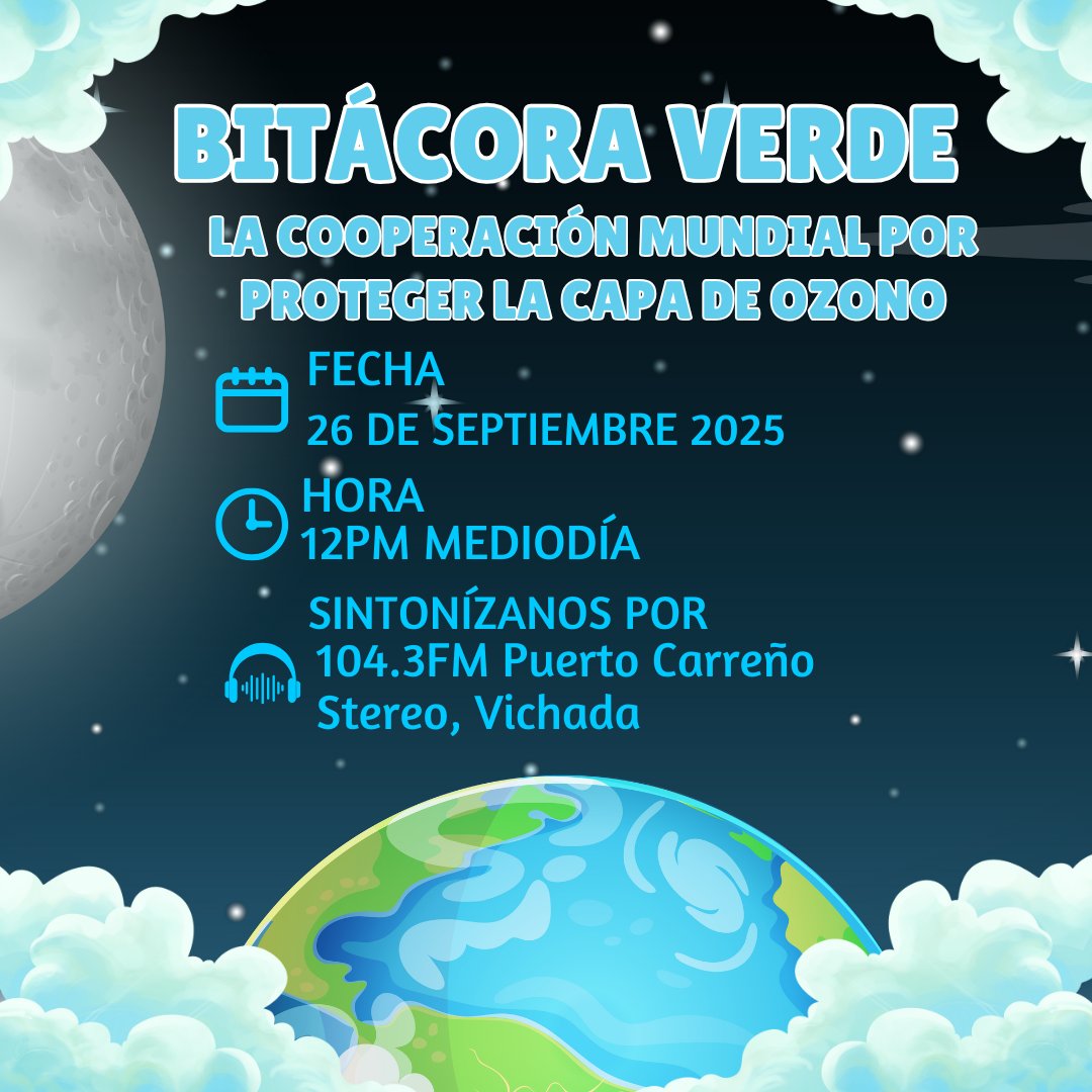 💜 La cooperación global ha sido clave para proteger la #CapadeOzono. Conéctate a #BitácoraVerde hoy 12pm por 104.3FM Puerto Carreño Stereo, Vichada 📻
<a href="/MinAmbienteCo/">MinAmbiente Colombia</a> @UNColombia <a href="/ONU_es/">Naciones Unidas</a> #MedioAmbiente #Vichada #Radio