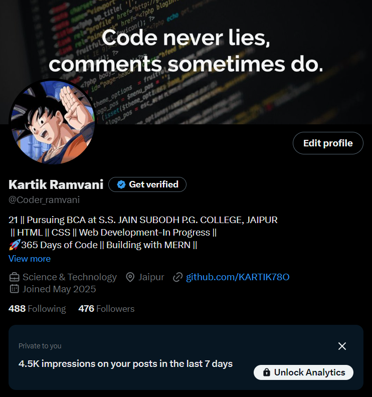 Coder_ramvani's tweet image. 4.5k impression Damm 🫠🫠
Just small account happiness 👀
