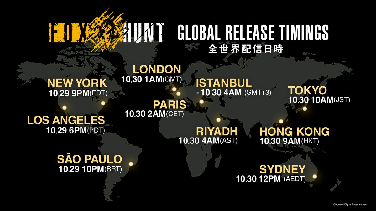 metalgear_jp's tweet image. 「FOX HUNT」の全世界配信日時は以下の通りです。
お楽しみに！

#MGSDelta #MetalGearSolid #メタルギアソリッド