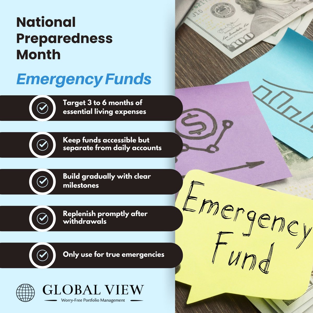 GlobalViewSC's tweet image. Protect your future this National Preparedness Month by building an emergency fund with 3–6 months of essential expenses. Keep it accessible, separate, and for true emergencies. Start your safety net today.

hubs.li/Q03HHjm00

#NationalPreparednessMonth #EmergencyFund