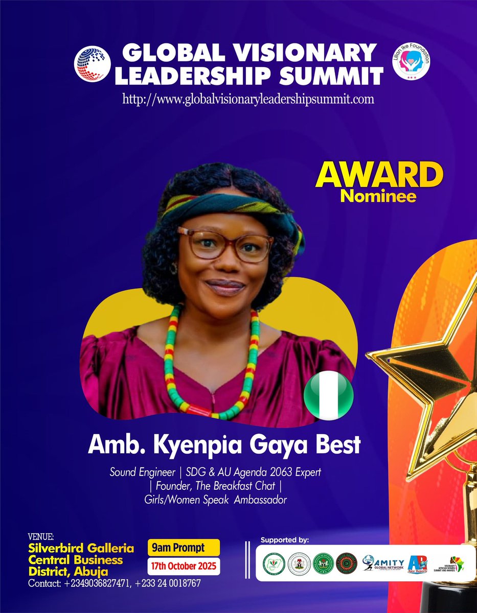 Amb. Kyenpia Gaya Best – Award Nominee, Global Visionary Leadership Summit

A leader with purpose, vision and global relevance. Founder of The <a href="/BreakfastChatng/">BreakfastChat</a> Community, she is raising young leaders, driving SDG action and shaping a sustainable Africa.

 #SDGs #AfricaRising