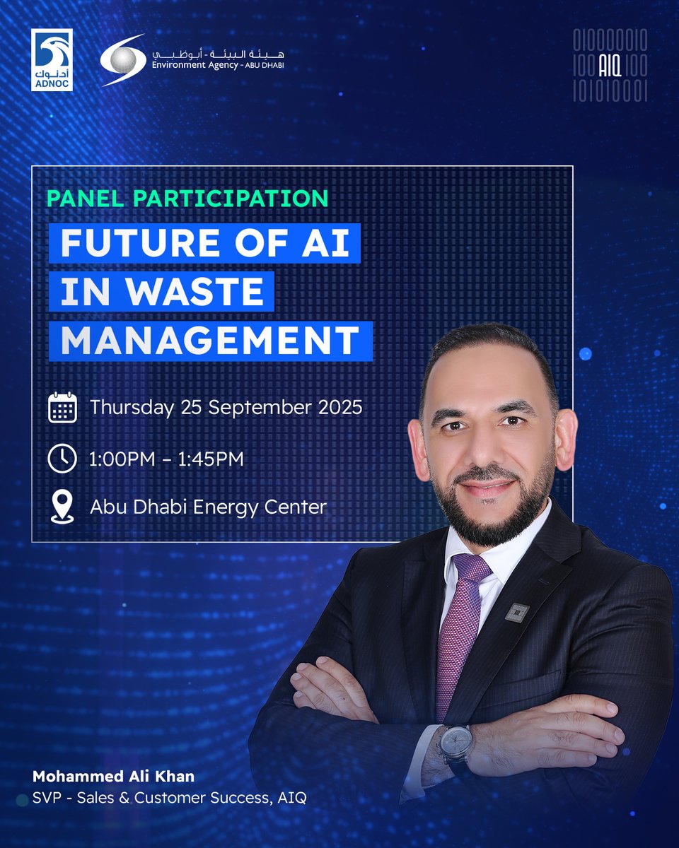 How can #AI make waste management smarter, safer and more sustainable?

Our SVP of Sales &amp; Customer Success, Mohammed Ali Khan, is sharing his insights today at the Future of AI in Waste Management panel, hosted by <a href="/EADTweets/">The Environment Agency - Abu Dhabi</a> and <a href="/ADNOCGroup/">ADNOC Group</a>. 

#AIinAction #PoweredByAIQ