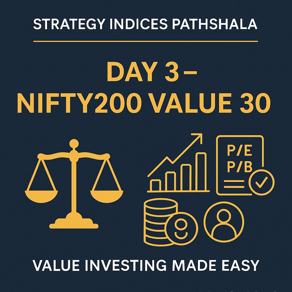 🚨 𝐒𝐭𝐫𝐚𝐭𝐞𝐠𝐲 𝐈𝐧𝐝𝐢𝐜𝐞𝐬 𝐏𝐚𝐭𝐡𝐬𝐡𝐚𝐥𝐚 - 𝐃𝐚𝐲 𝟑 🚨

Today: 𝐍𝐢𝐟𝐭𝐲𝟐𝟎𝟎 𝐕𝐚𝐥𝐮𝐞 𝟑𝟎 📊

👉 An index that picks 30 undervalued companies from Nifty200 using valuation ratios &amp; dividend yield.
Think of it as a systematic way to own “cheap but quality”