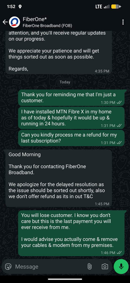 aniediudo's tweet photo. "Also we don't offer refund as it's in our T&amp;C".

@FOBroadband @FiberOne_help You just lost a customer. 

Yeah, I know, it's "just one customer".

Thankfully you don't have a monopoly on Internet connectivity in Lagos. https://t.co/GTA3Ba8fAu