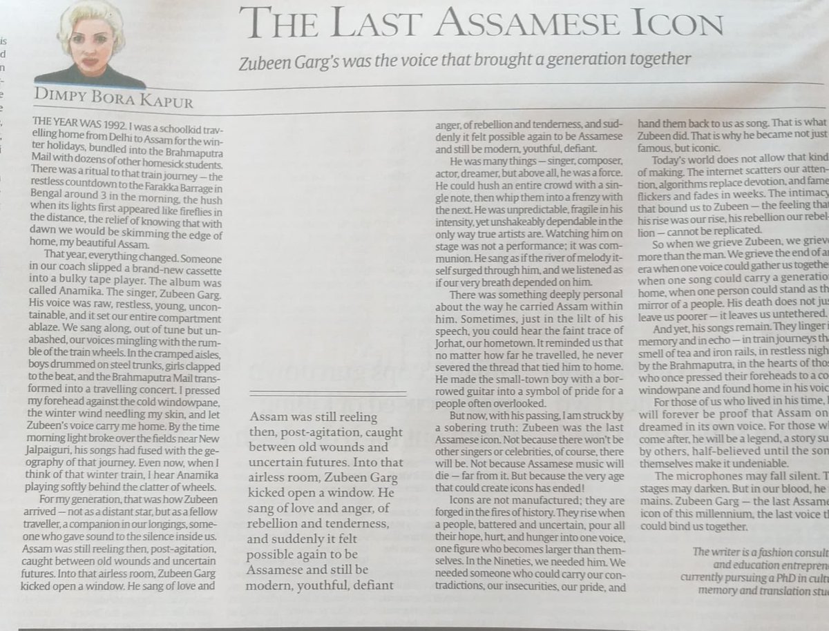 #ZubeenGarg This morning Delhi woke up to Zubeen Garg via my article in the <a href="/IndianExpress/">The Indian Express</a> . The phone is ringing off the hook. My immediate social and family network are mostly Delhiites. They had no awareness i am Assamese. So glad I wrote this piece. Zubeen is beyond an icon.