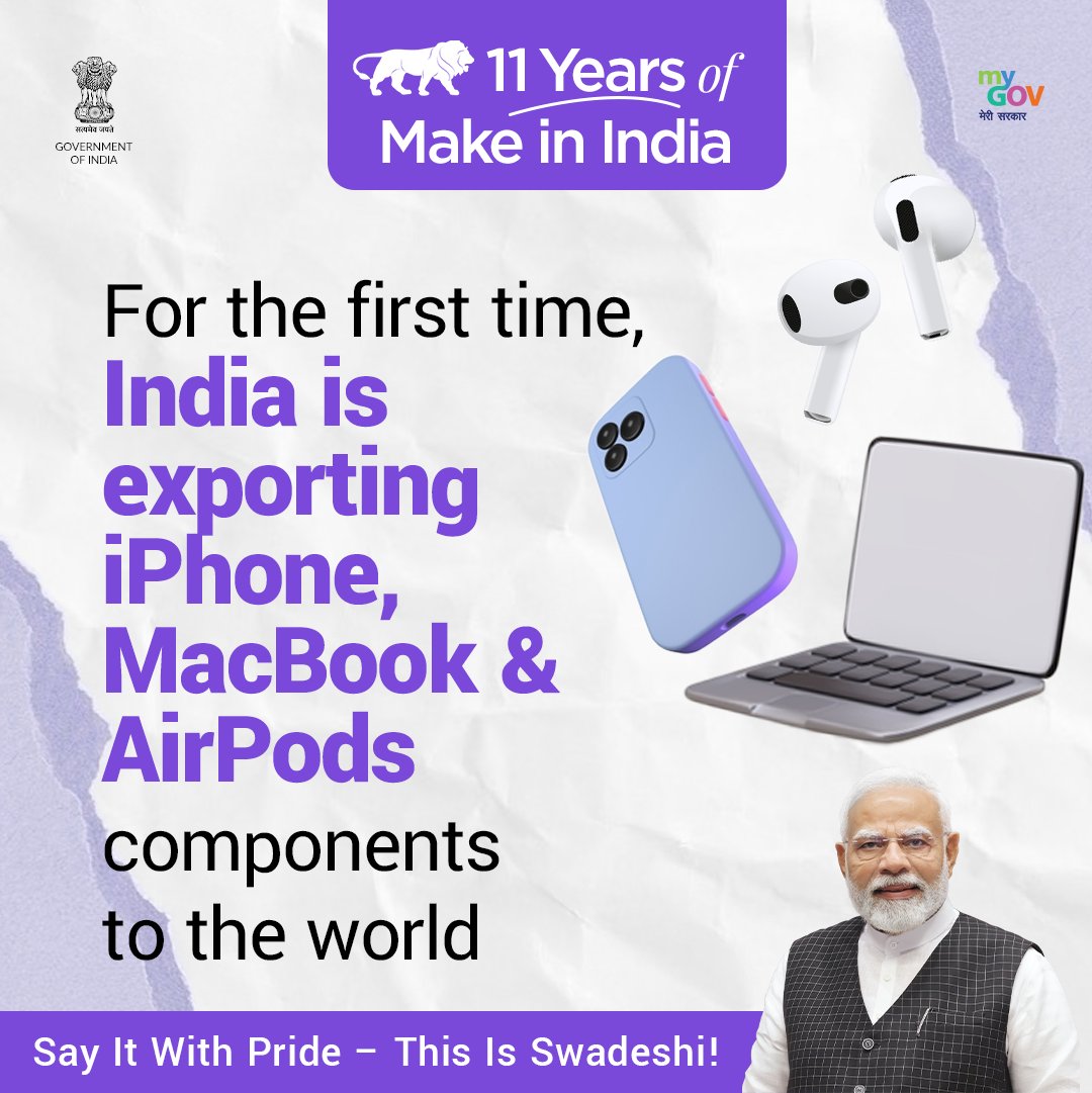 DDNewslive's tweet photo. #11YearsOfMakeInIndia | For the first time, India is exporting iPhone, Mackbook and Airpods components to the World.

@narendramodi @makeinindia #11YearsOfMakeInIndia #MakeInIndia
#InvestInIndia #InvestIndia #Innovation #IndiaRising #Manufacturing #IndiaOpportunity #MakeInIndiaForTheWorld