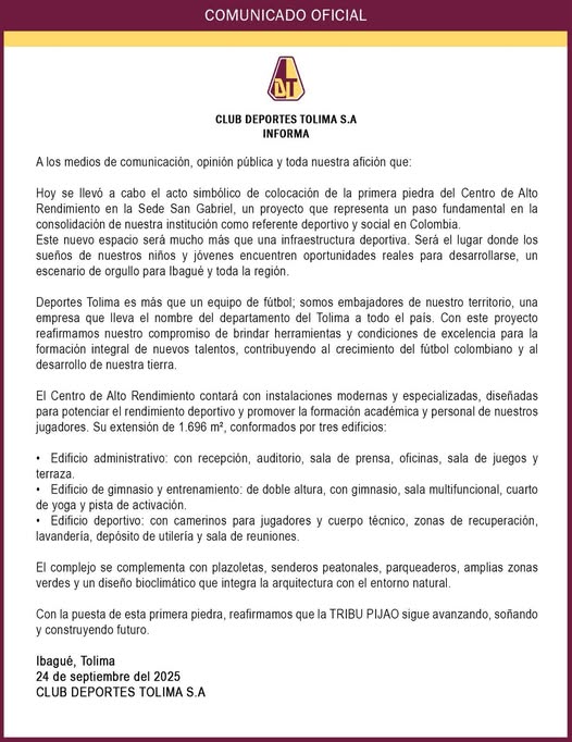 Con una acto sencillo pero emotivo se realizó el acto de colocación de la primera piedra del Centro de Alto Rendimiento del <a href="/cdtolima/">Club Deportes Tolima</a>, este es el comunicado oficial de la ceremonia.