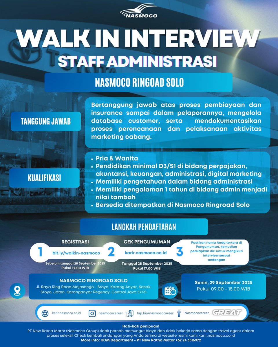 lokersoloraya's tweet image. 📢 WALK-IN INTERVIEW – STAFF ADMINISTRASI 📢
📍 Nasmoco Ringroad Solo

🔗 Daftar lewat link bit.ly/walkin-nasmoco.
#WalkInInterview #LokerSolo #LowonganKerja #StaffAdministrasi #LokerAdmin #WeAreHiring #JobVacancy #InfoLokerSolo #Karir2025 #LowonganAdmin  #WalkInInterviewSolo
