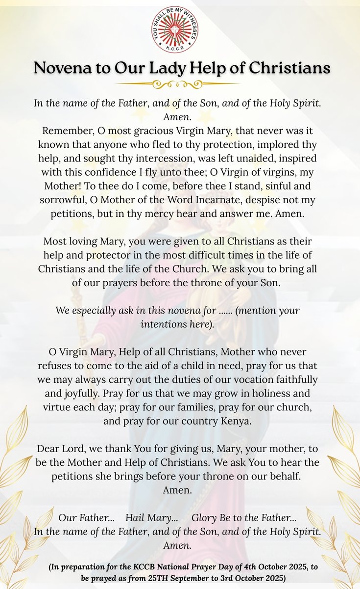 Greetings friends.
𝐍𝐨𝐯𝐞𝐧𝐚 𝐭𝐨 𝐎𝐮𝐫 𝐋𝐚𝐝𝐲 𝐇𝐞𝐥𝐩 𝐨𝐟 𝐂𝐡𝐫𝐢𝐬𝐭𝐢𝐚𝐧𝐬
𝐍𝐚𝐭𝐢𝐨𝐧𝐚𝐥 𝐏𝐫𝐚𝐲𝐞𝐫 𝐃𝐚𝐲(Novena): 𝐃𝐚𝐲 𝐎𝐧𝐞
Let us pray......