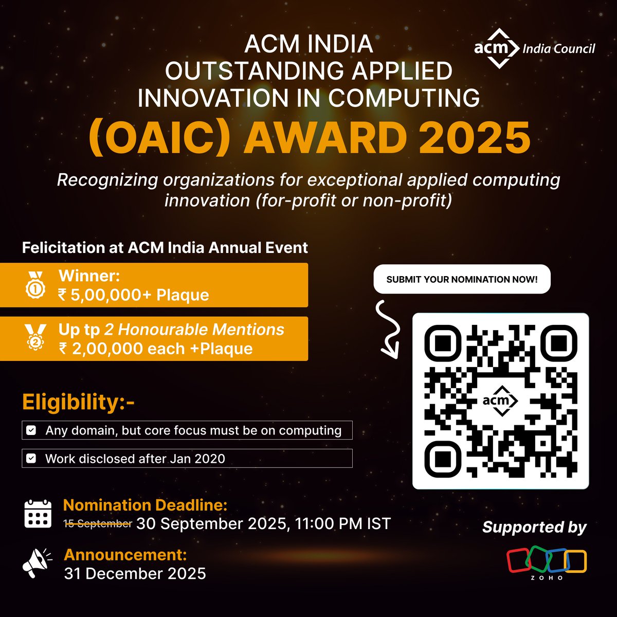 Indiaacm's tweet image. 💡 Nominations are open for the ACM India OAIC Award 2025!
🌍 Recognizing applied computing innovations that impact industry, society &amp;amp; the greater good.
🚀 Deadline: 30 Sept 2025
🔗 india.acm.org/awards/oaic-no…
#ACMIndia #AppliedInnovation #ComputingForGood #TechInnovation