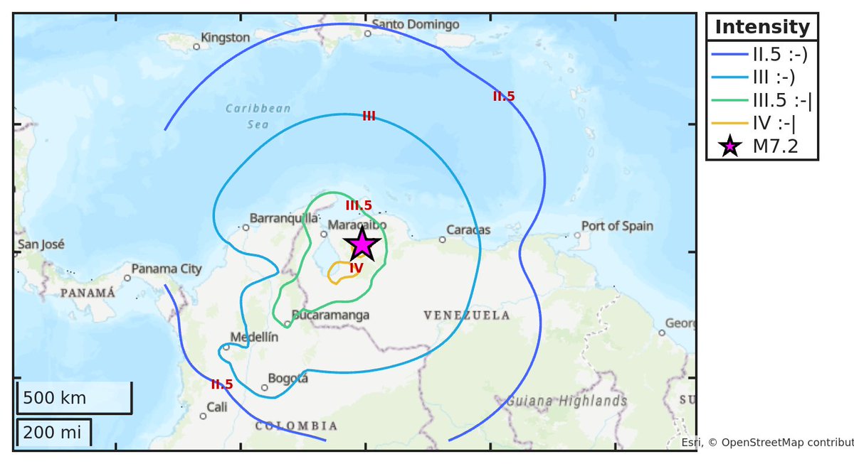 Mapa de intensidad del #sismo M7.2 ocurrido a las 03:51:00 (UTC) con epicentro a 14 km de #Carora, Venezuela. Descarga la app Sismo Detector desde sismo.app/es/download para recibir alertas en tiempo real en tu smartphone