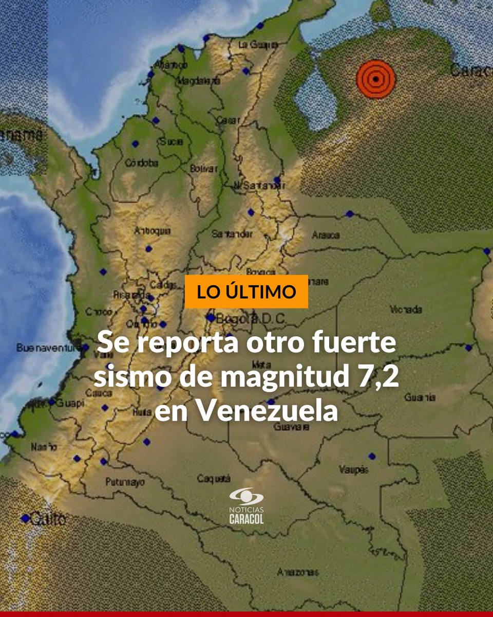 NoticiasCaracol's tweet image. #LOÚLTIMO | Se reporta otro sismo de magnitud 7.2 con epicentro en Venezuela, según el Servicio Geológico Colombiano.

Más en noticiascaracol.com