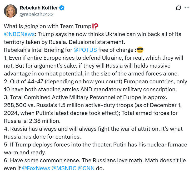 🚨 Russian-born Rebekah Koffler (real name Irina V.) outed herself as a Kremlin operative. She claims to have briefed top U.S. military commanders, NATO ministers, and directors of the CIA and DIA about Russia as an intel officer since 2001.
If true, investigate for espionage.