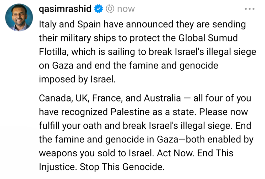 Italy is sending a ship to aid the flotilla: reuters.com/world/europe/i…

The US must halt funding genocide. Arms embargo now! End the siege.