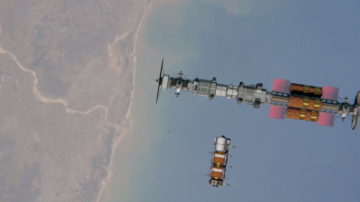 wenchance's tweet image. #SST25 Day 4: Support (Quick, thrown together render)

Overhead footage of a Lunar Transfer Vehicle -currently on special LEO shuttle duty- on final docking approach to the USSF Colorado.

#spaceshiptember #space #toughsf #blender3D #3dart #scifi