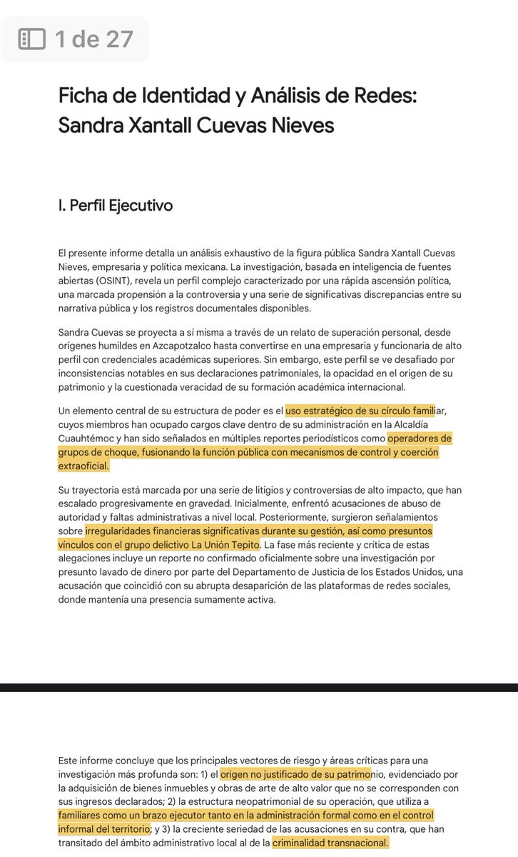 🚨El informe de 27 págs. del Centro Nacional de Inteligencia sobre <a href="/SandraCuevas_/">Sandra Cuevas</a> ya está en nuestra página.

Incluye: 

-Sus desvíos por 477 millones de pesos.

-Su relación con la Unión Tepito.

-Los siguientes pasos en la investigación contra Cuevas.

narcopoliticos.com/wp-content/upl…