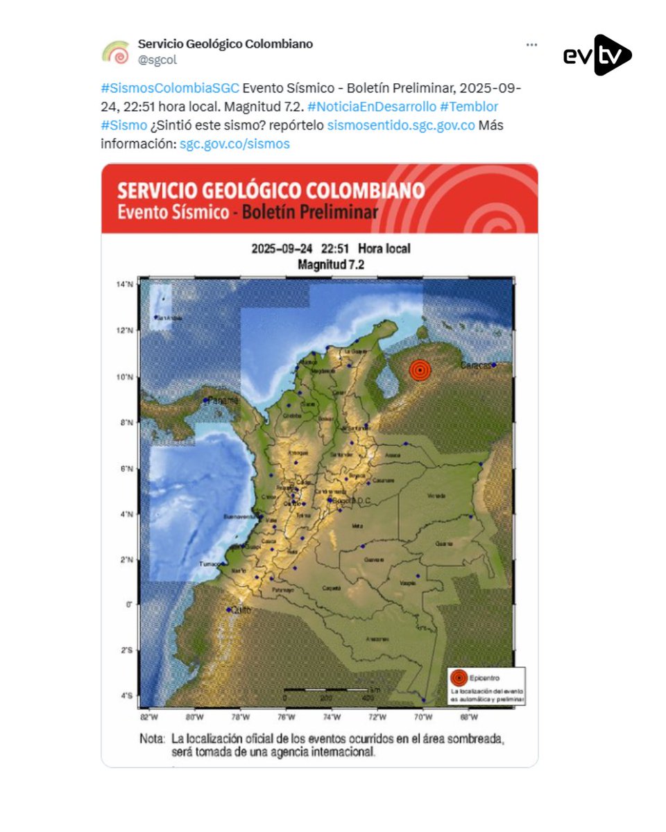 EVTVMiami's tweet photo. #UltimaHora |⚡🌍 Otro fuerte sismo sacudió a Venezuela cerca de la medianoche

🇻🇪 El Servicio Geológico Colombiano reportó un nuevo movimiento telúrico de magnitud 7.2 la noche de este #24Sep, sentido en varias regiones del país cerca de las 11:51 p.m. hora local.

📊 Según el boletín preliminar, el epicentro se ubicó en territorio venezolano (latitud 10.16, longitud -70.35), lo que generó alarma en distintas ciudades del país.

⚠️ Este segundo sismo fuerte ocurre pocas horas después del registrado en Zulia, que alcanzó magnitud 6.2 y dejó viviendas afectadas y escenas de pánico en Maracaibo.