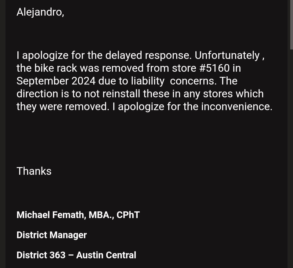 Our obsession with liability in this country leads to nonsensical precautions. My local <a href="/Walgreens/">Walgreens</a> recently removed their bike racks due to liability. 🤦