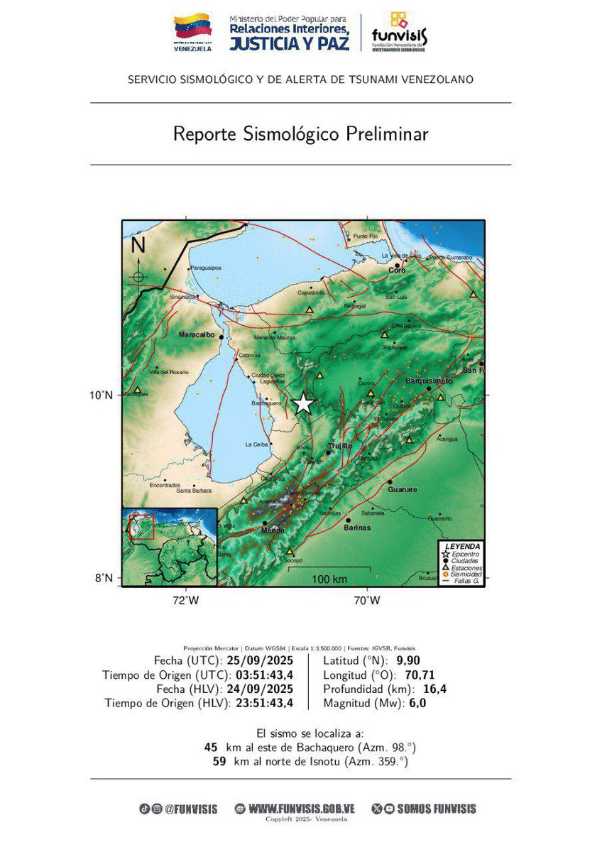 Funvisis informa que a las 11:51pm del día 24/09/2025 se presento un sismo de magnitud 6,0 a 45 km al este de Bachaquero y 59 km al norte de Isnotu en Venezuela