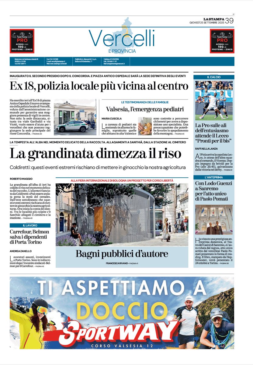 Buongiorno, ecco la copertina della cronaca di Vercelli in edicola oggi, giovedì 25 settembre