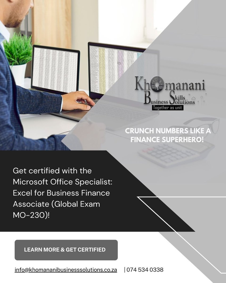 KhomananiBSS's tweet image. Get certified with the Microsoft Office Specialist: Excel for Business Finance Associate (Global Exam MO-230)! 

Don’t just work hard, work smart. Make Excel your career-boosting best friend! 
Contact us: info@khomananibusinesssolutions.co.za
| +27 74 534 0338

#ExcelMagic