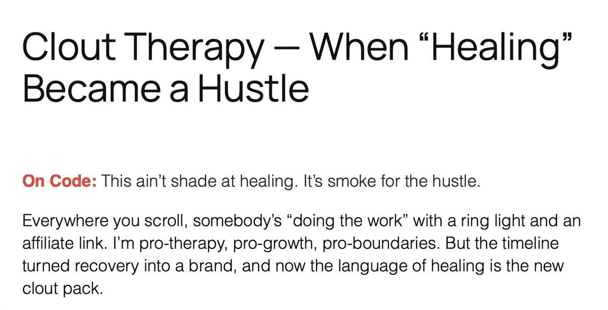 Talk_Yo_Shhhh's tweet image. Healing is quiet. Discipline is boring. “Clout therapy” is neither. 

New post: TalkYoShhhh.com

#TalkYoShhhh #OnCode #CloutTherapy #Accountability #Boundaries #CultureTalk #RealRawUncut