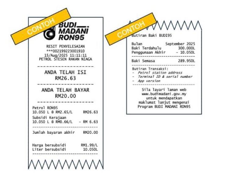Don't worry about keeping track about how much quota of RM1.99 RON95 you have left. This is a sample of Budi95 receipt. It will show how much is used and your quota balance.