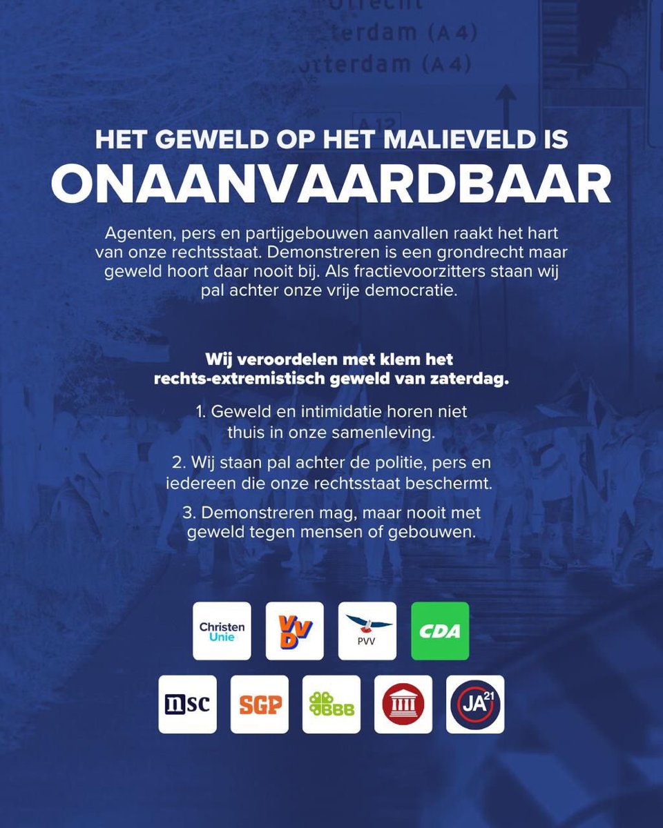 christenunie's tweet image. Samen trekken we een duidelijke grens: geweld hoort niet thuis in Nederland. 
Wij staan op voor de rechtsstaat. 

Na de rellen van zaterdag moeten we ons niet laten verleiden tot vingerwijzen, dat brengt ons land niet verder. Tijd voor leiderschap. 

Een gezamenlijke verklaring.