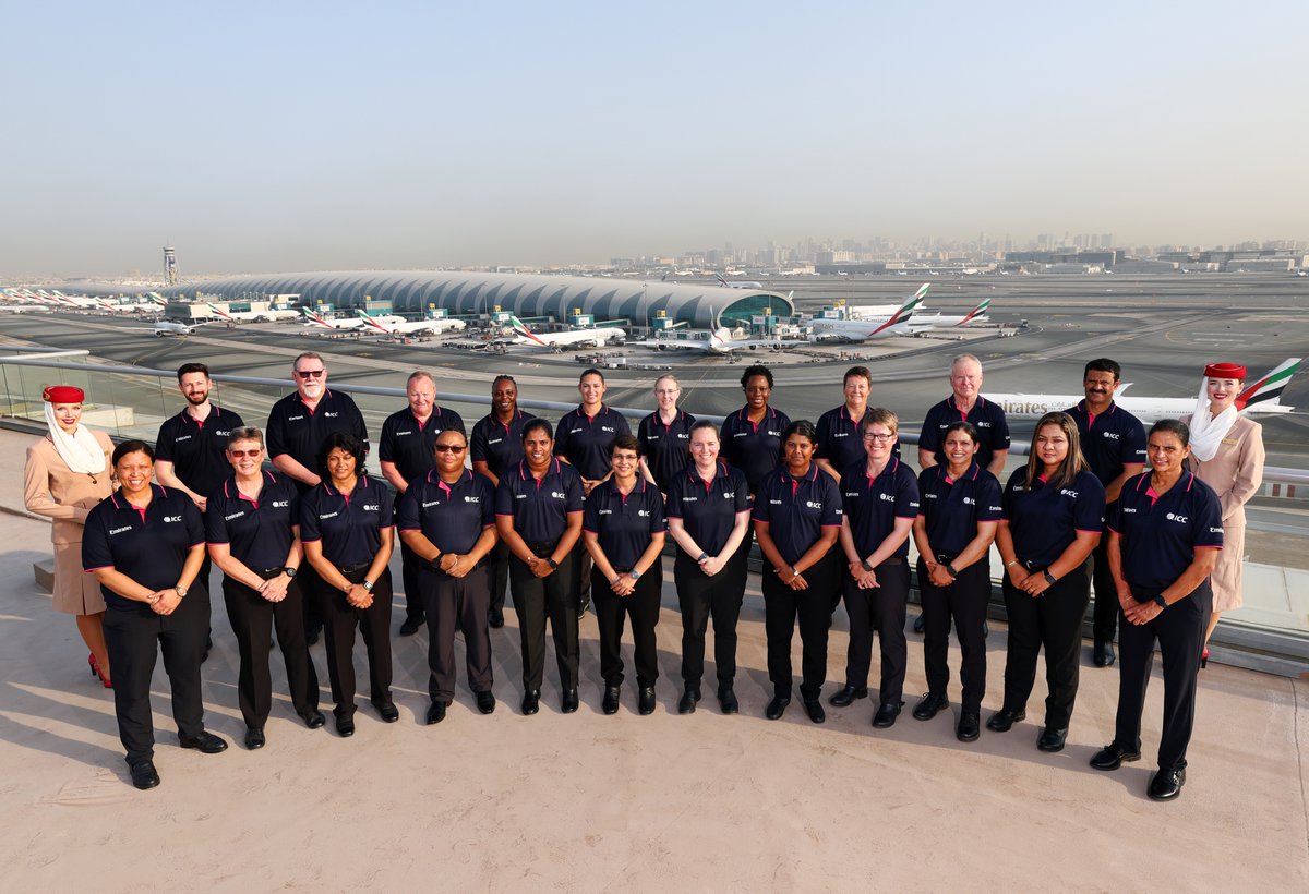 The all-female <a href="/emirates/">Emirates</a> ICC Panel of Match Officials and <a href="/ICC/">ICC</a> management and support staff meet up at Emirates HQ before they head to India and Sri Lanka for #CWC25.
