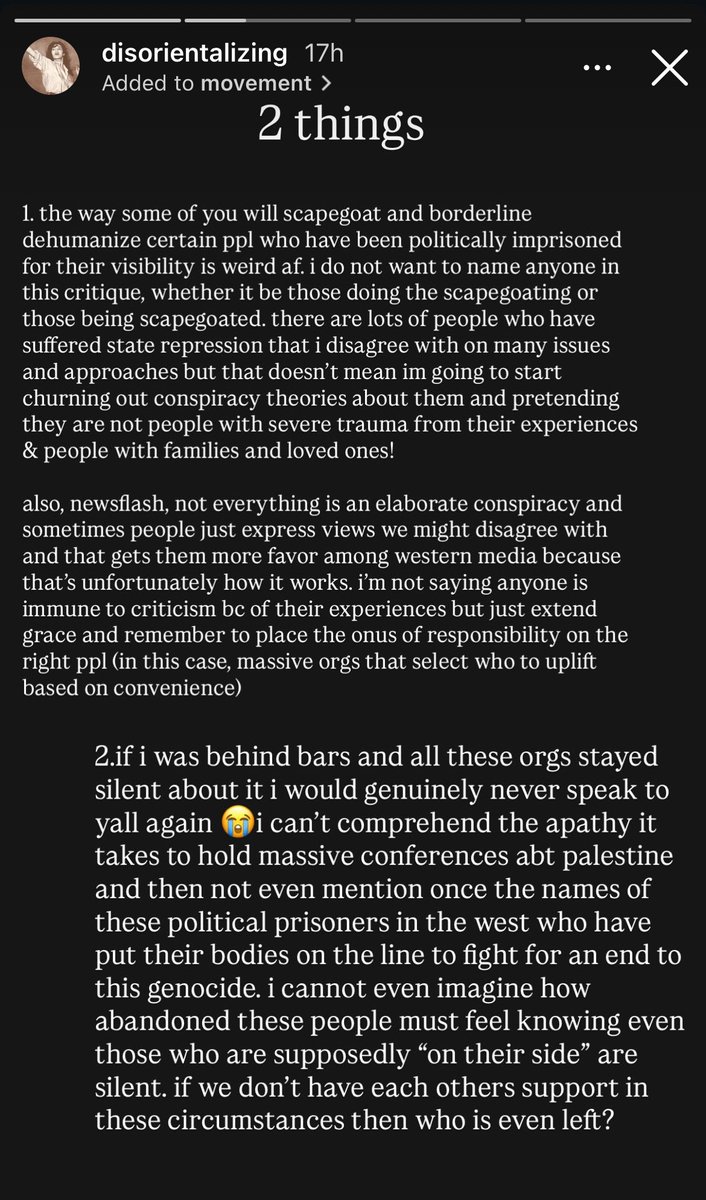 important points by a friend about political prisoners &amp; the movement for palestine