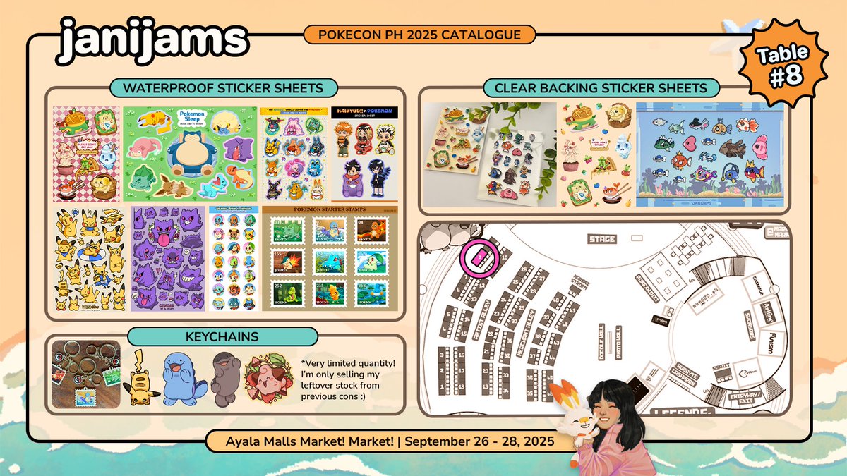 Hello! 🌼 Sharing my catalogue for #PokeConPH2025 !! 🌟

👉Table 8: Janijams👈

ig: dinglepopsicles / twt: janijams

🌸 Sept. 26-28, 2025
🌸 Ayala Malls Market! Market!
🌸 Admission is FREE!

(1/2)