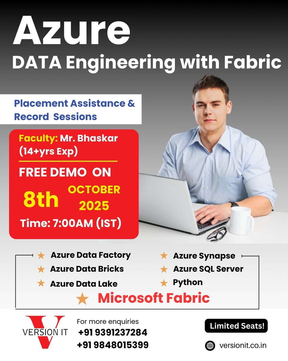 VersionitCloud's tweet image. 🚀 Kickstart Your Career in Data Engineering! 🚀
Join our FREE Demo on Azure Data Engineering with Fabric and learn from Mr. Bhaskar (14+ years of experience).
📅 Date: 8th October 2025
🕖 Time: 7:00 AM (IST)
📞+91 9848015399
🌐 versionit.co.in/azure-data-eng…
#AzureDataEngineering