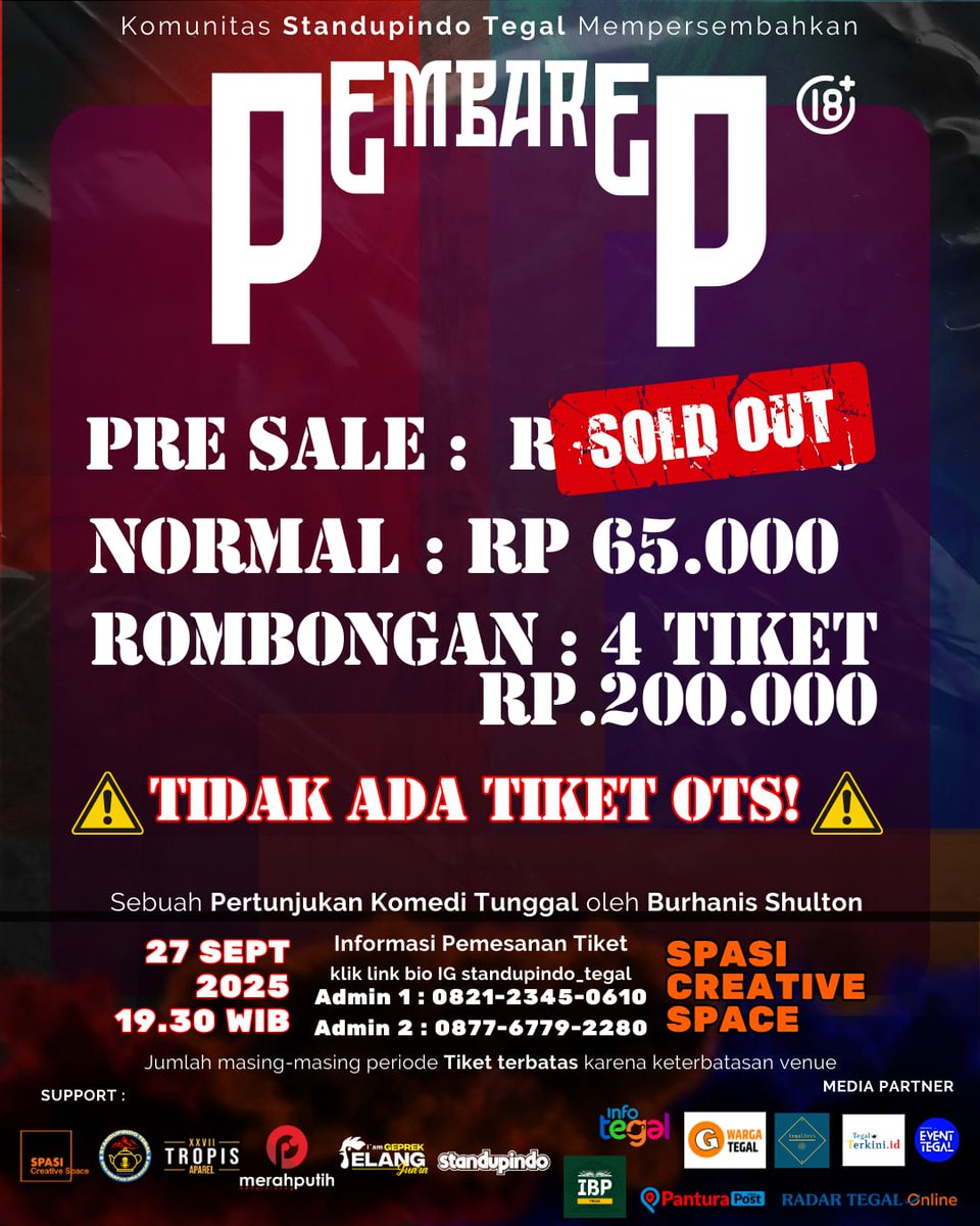 #MP Buat kalian yg weekend depan belum ada rencana, kesini yuk.

Ada Stand-up comedy spesial karya <a href="/BurhanisShulton/">Burrrr!!</a>
Persembahan <a href="/standupindoTgl/">SUIT</a>

Masukan kode diskon TEMANBASETGL buat dapetin diskon 20%.

Link tiket : forms.gle/1RFS7ZV1gGpMX6…