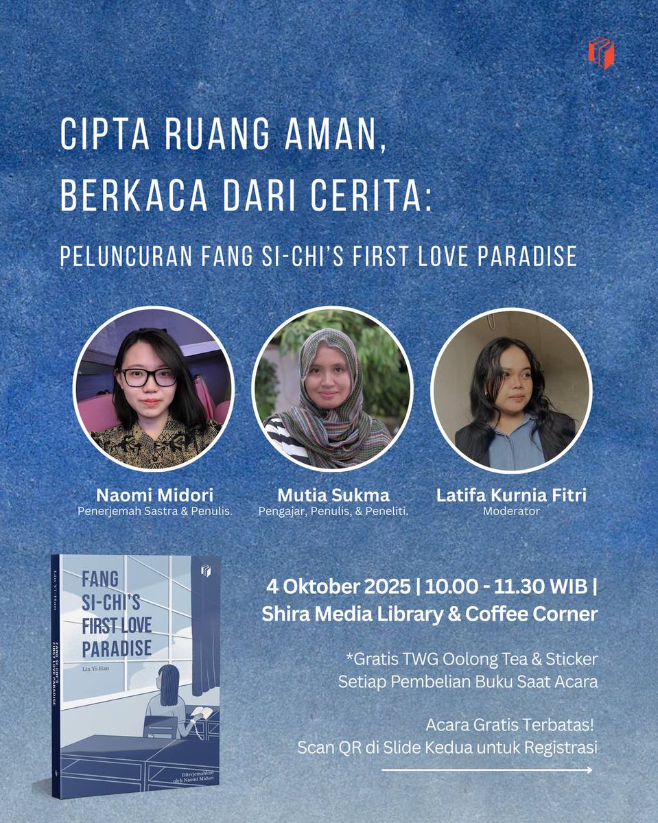 shiramediagroup's tweet photo. Untuk pembaca buku di Jogja, ayo datang!
Membahas buku Fang Si-Chi First Love Paradise di Shira Media Library and Coffee Corner!

Jangan lewatkan, segera registrasi! https://t.co/cc3hOeFcaa