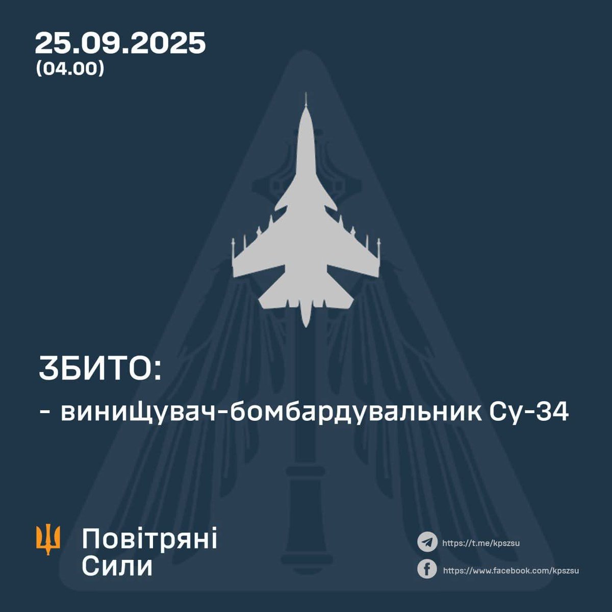 ЗБИТО ВОРОЖИЙ СУ-34

Близько 04.00 25 вересня 2025 року на Запорізькому напрямку збито російський літак Су-34, який здійснював терористичні атаки по місту Запоріжжя, із застосуванням керованих авіабомб.

🇺🇦 Разом до перемоги!