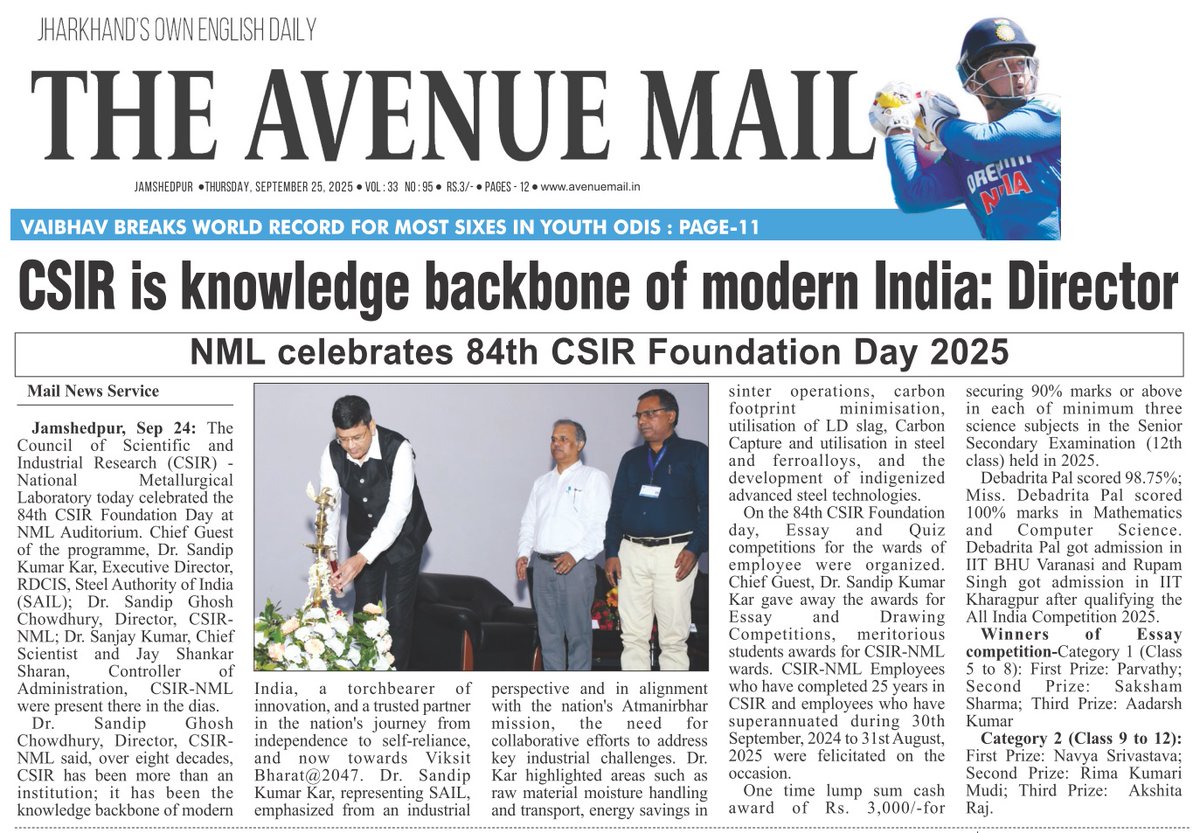 CSIR_NML's tweet image. Press coverage of NML Celebrates 84th CSIR Foundation Day 2025
share.ptinews.com/.../Knowledge-…
theweek.in/.../ces16-jh-c…
youtube.com/watch?v=3EUMne…
hindusthansamachar.in/.../NML-celebr…...
newjharkhandvani.live/.../enemel-ne-…
campusboom.com/.../sir-shanti…
lagatar.in/jamshedpur-nml…...
@CSIR_IND